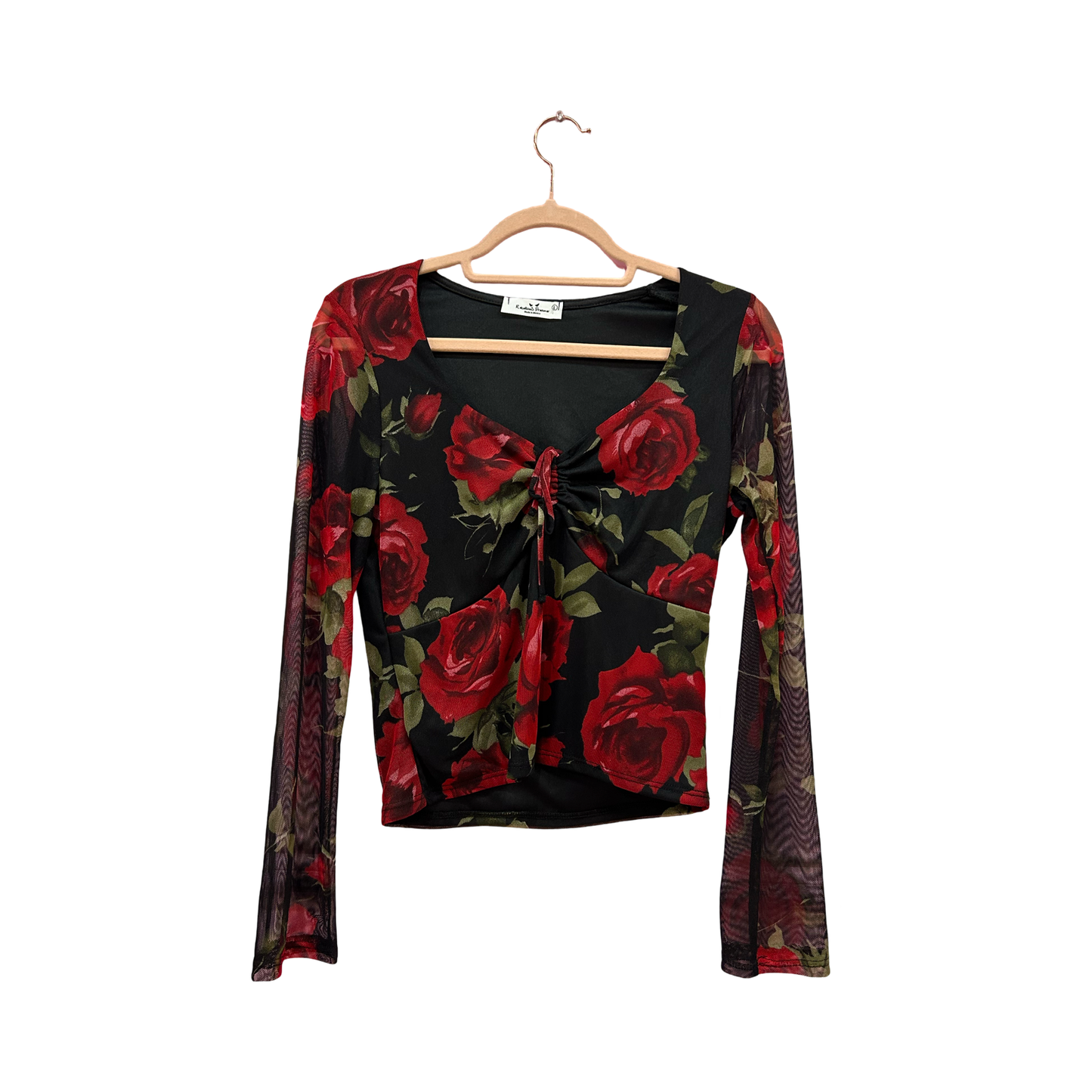 Vintage Mesh Rose Print Long Sleeve Top