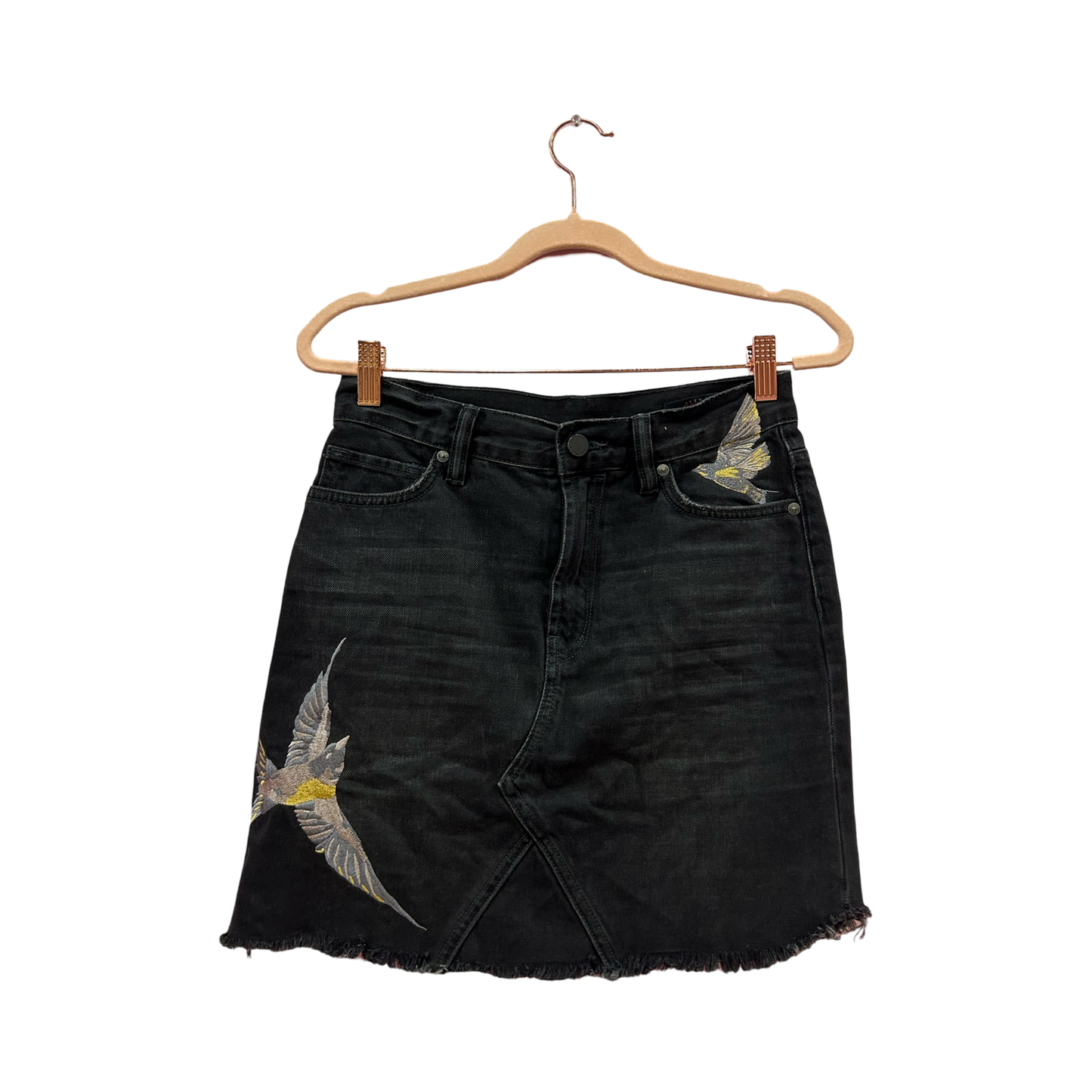 ALLSAINTS Black Birds Embroidered Denim Mini Skirt